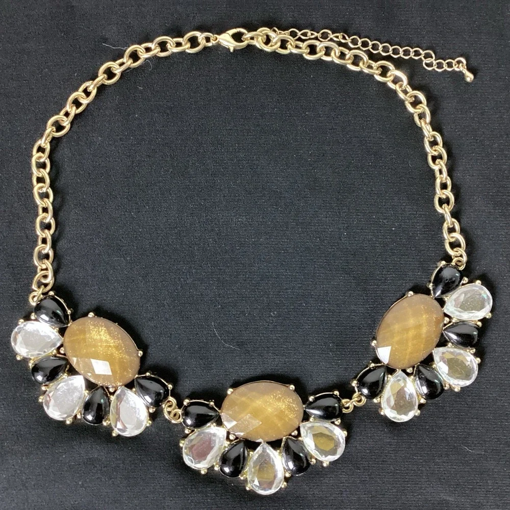Vintage Gold Tone Necklace Black & Clear Teardrop Accents Faceted Brown Stones